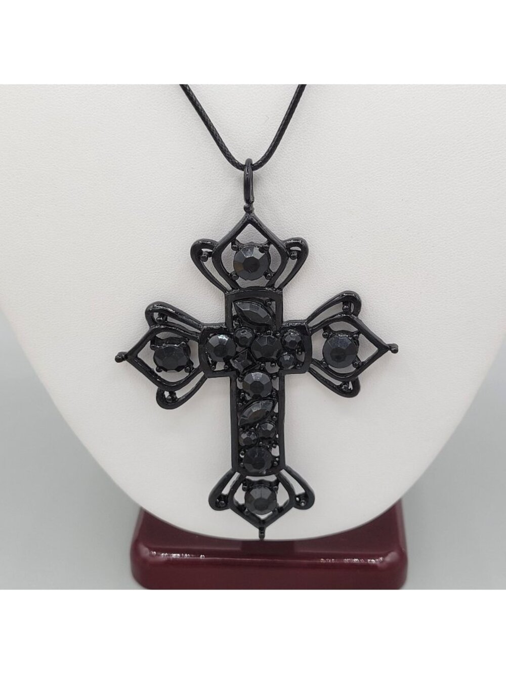 Gothic Style Black Metal Filigree Cross Pendant Black Rhinestones Length 20"
